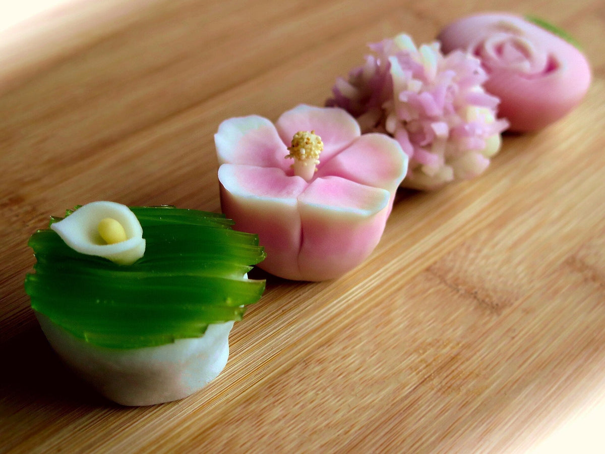 An assortment of wagashi — traditional Japanese sweets — arranged on a plate