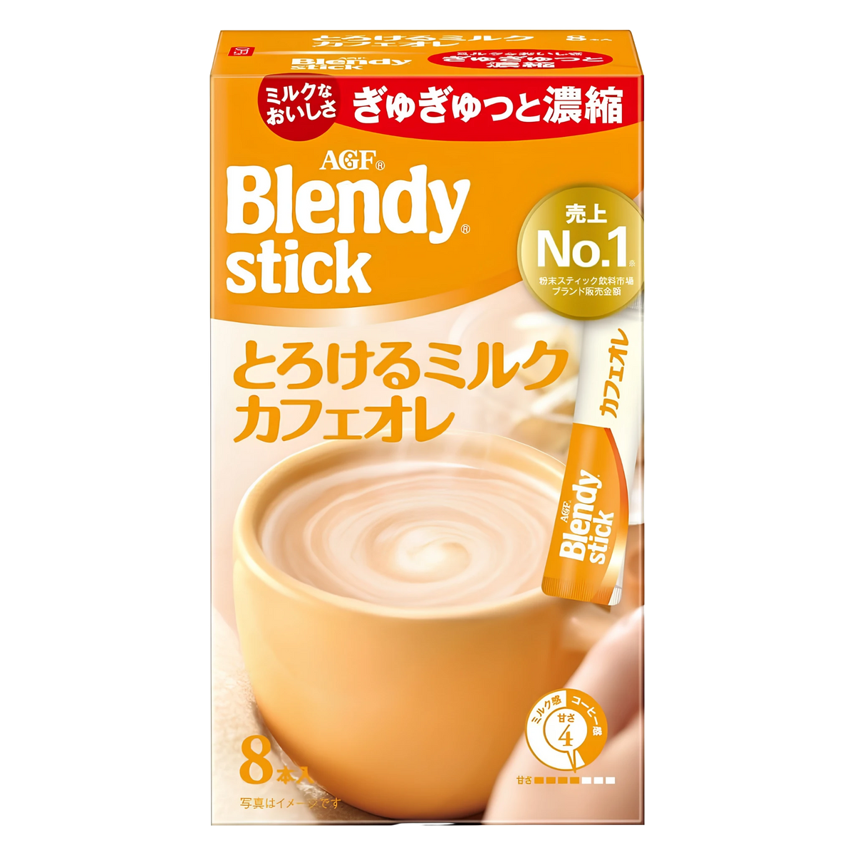 AGF Blendy Stick Torokeru Milk café au lait box of eight sticks, front of pack