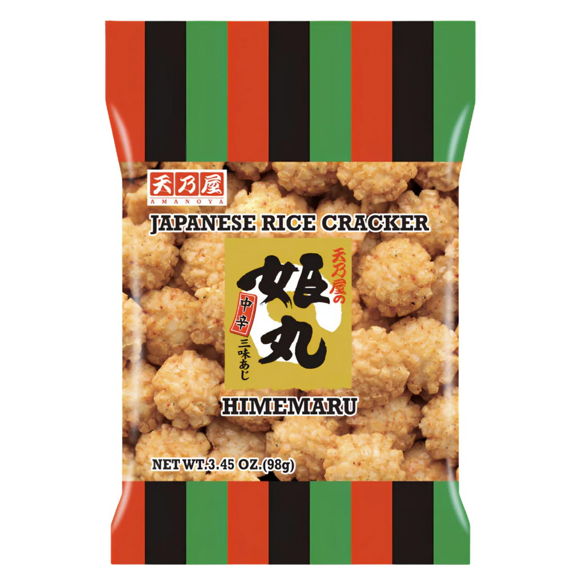 Amanoya Himemaru rice crackers, 98g bag, front of pack