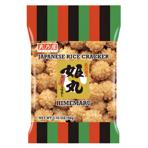 Amanoya Himemaru rice crackers, 98g bag, front of pack