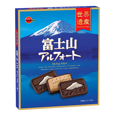 Bourbon Mt Fuji Alfort souvenir box, front of pack: deep blue with a gold border, a snow-capped Mount Fuji and a red World Heritage band