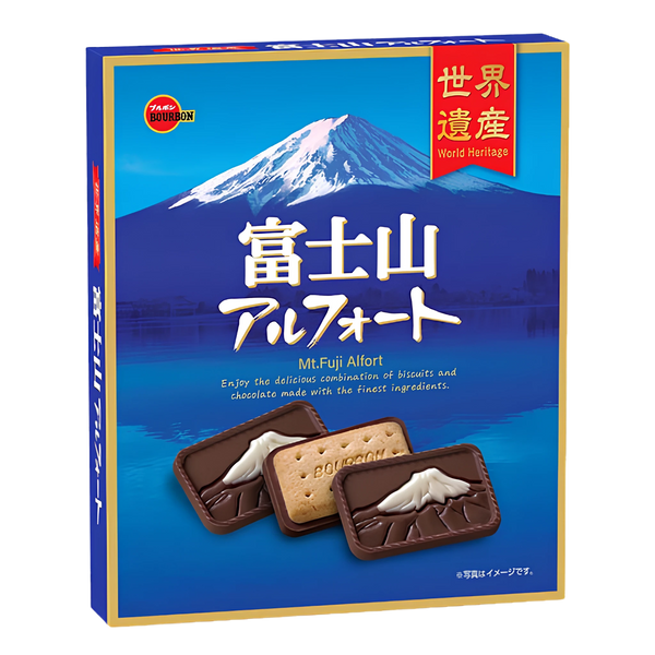Bourbon Mt Fuji Alfort souvenir box, front of pack: deep blue with a gold border, a snow-capped Mount Fuji and a red World Heritage band