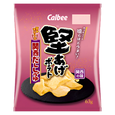 Calbee Kataage Potato Chips Kansai Dashi Shoyu 63g bag, front of pack