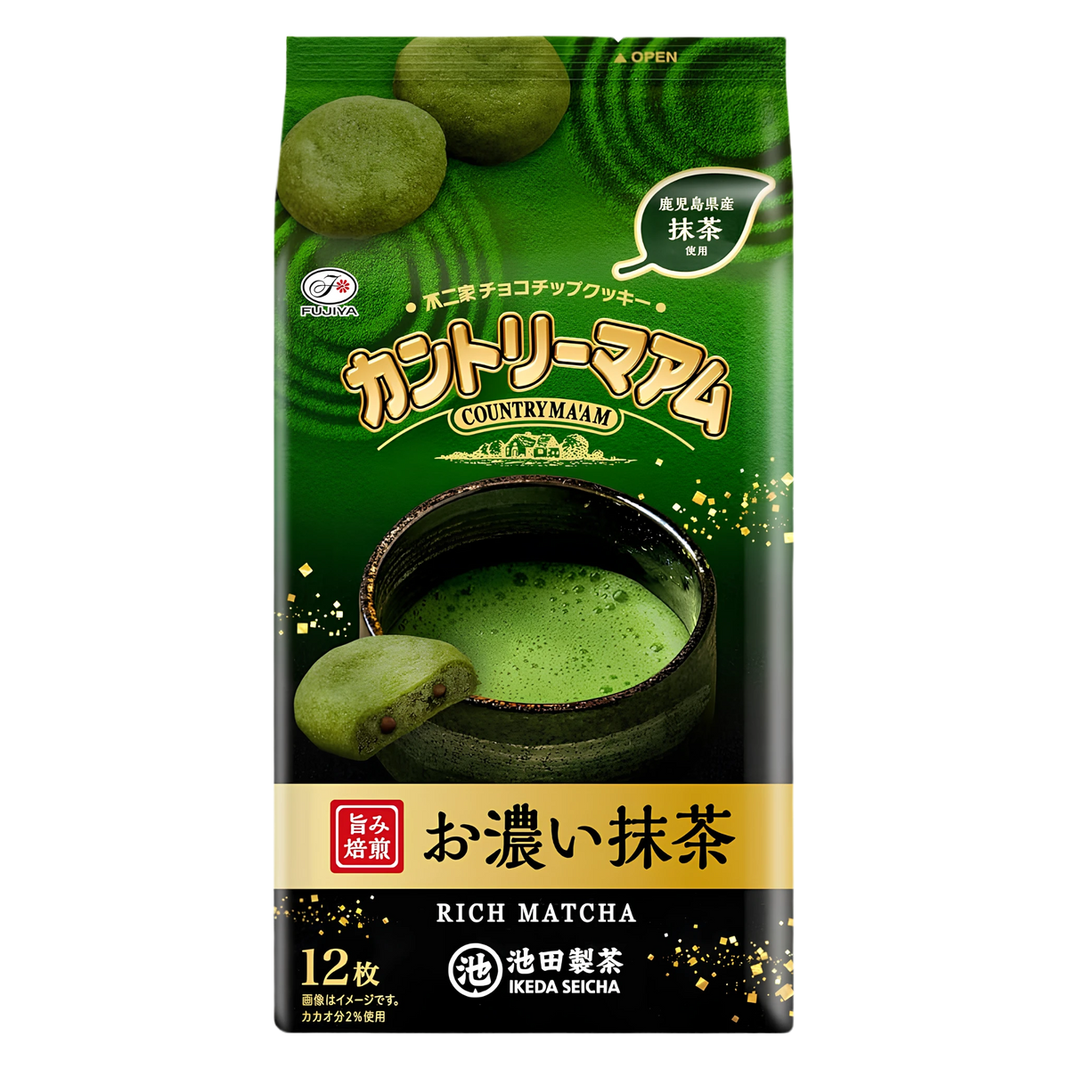 Fujiya Country Ma'am Rich Matcha bag of twelve wrapped cookies, front of pack