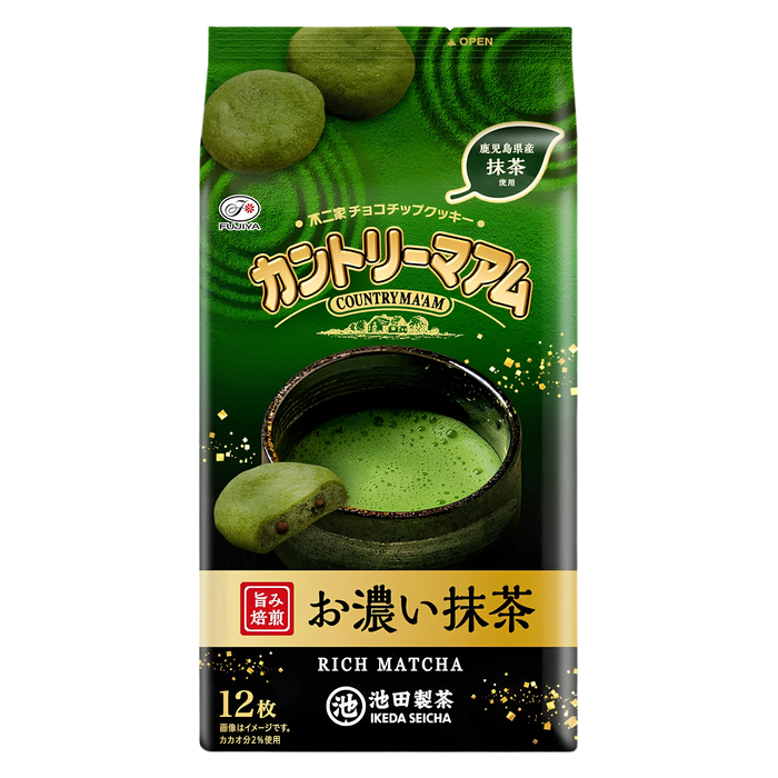 Fujiya Country Ma'am Rich Matcha bag of twelve wrapped cookies, front of pack