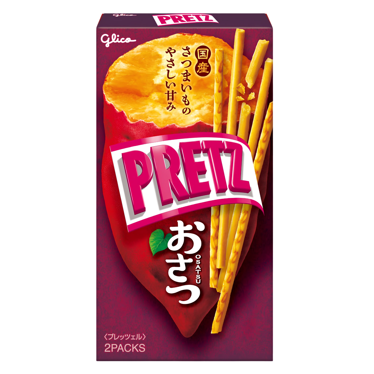 Glico Pretz Osatsu sweet potato pretzel sticks, 62g box, front of pack