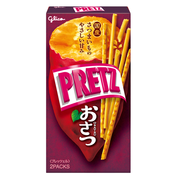 Glico Pretz Osatsu sweet potato pretzel sticks, 62g box, front of pack