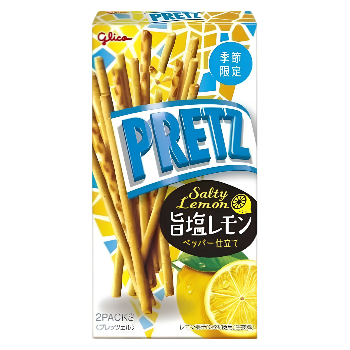 Glico Pretz Salty Lemon pepper pretzel sticks, 47g box, front of pack