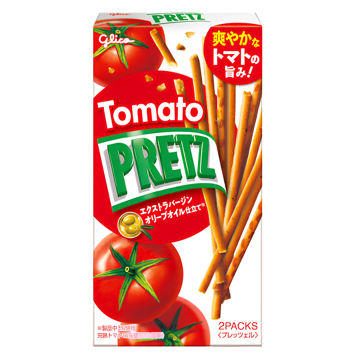 Glico Tomato Pretz savoury pretzel sticks, 53g box, front of pack