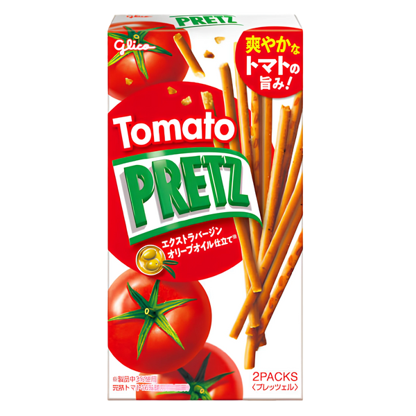 Glico Tomato Pretz savoury pretzel sticks, 53g box, front of pack