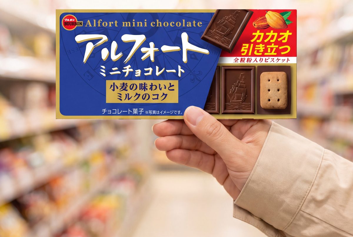 A hand holding a box of Bourbon Alfort Mini Chocolate, a Japanese chocolate biscuit snack, in a supermarket aisle