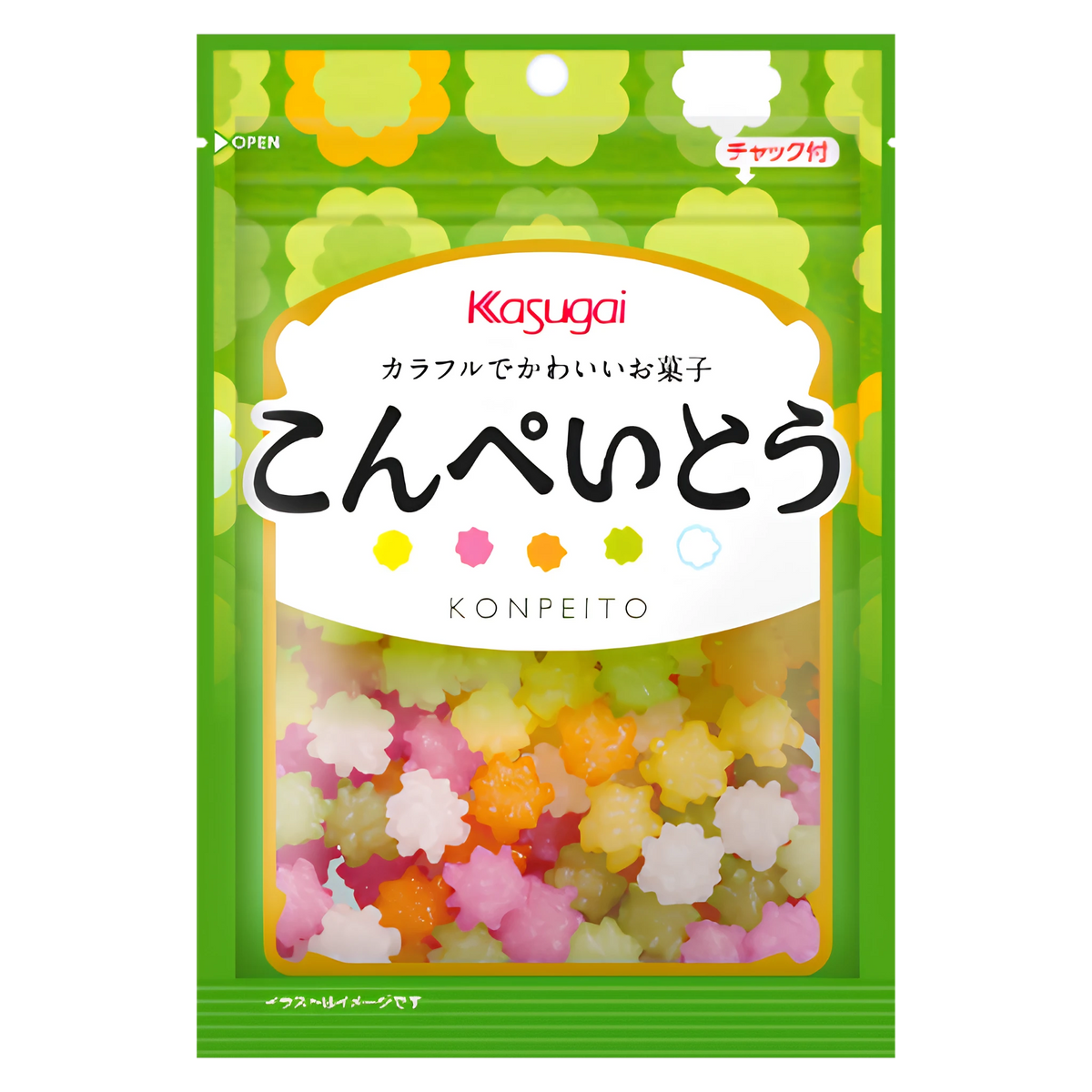 Kasugai Konpeito Japanese sugar candy, 76g green resealable bag, front of pack