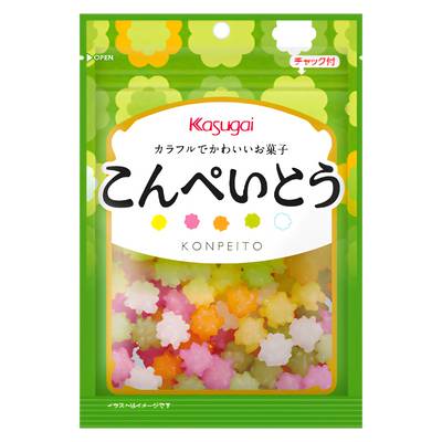 Kasugai Konpeito Japanese sugar candy, 76g green resealable bag, front of pack