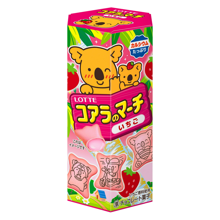 Lotte Koala's March strawberry filled biscuits, 46g pink box, front of pack