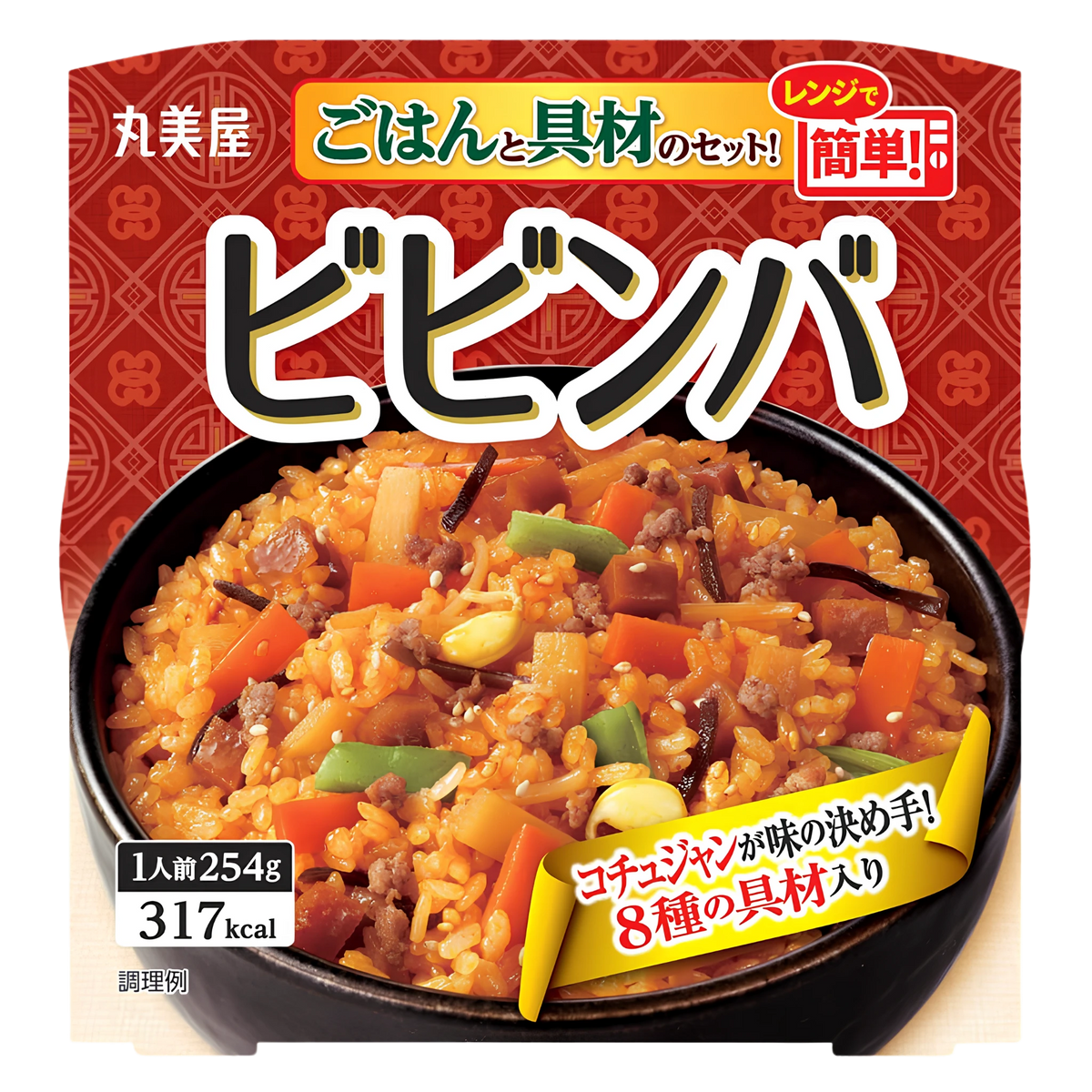Marumiya instant bibimbap rice bowl, 254g pack, front of pack