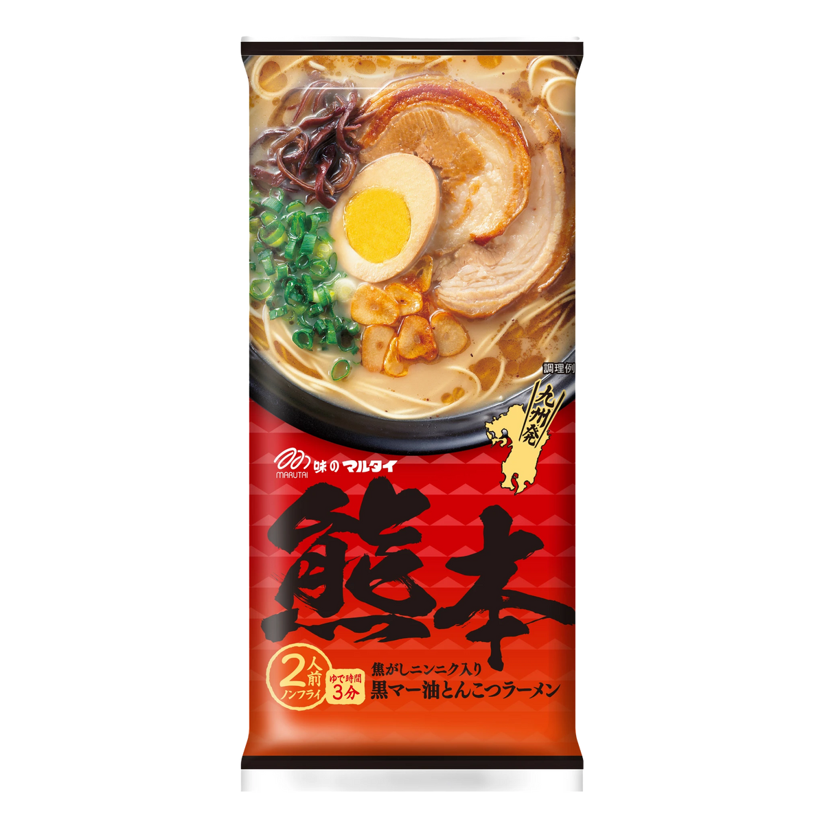 Marutai Kumamoto black garlic oil tonkotsu ramen, two-serving stick ramen packet, front