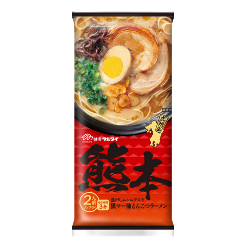 Marutai Kumamoto black garlic oil tonkotsu ramen, two-serving stick ramen packet, front