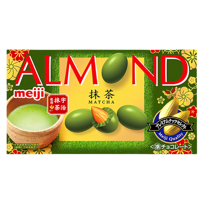 Meiji Almond Chocolate Matcha 67g box, front of pack showing the green and gold Japanese pattern