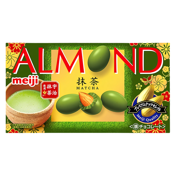 Meiji Almond Chocolate Matcha 67g box, front of pack showing the green and gold Japanese pattern