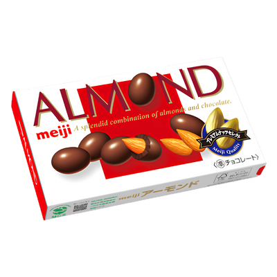 Meiji Almond Chocolate 79g box, front of pack showing the red ALMOND wordmark
