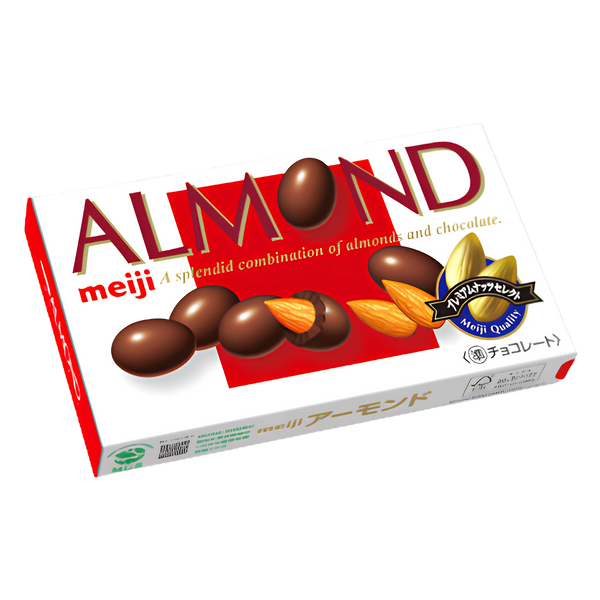 Meiji Almond Chocolate 79g box, front of pack showing the red ALMOND wordmark