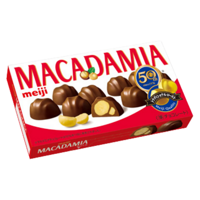 Meiji Macadamia Chocolate 64g box, front of pack showing the red MACADAMIA wordmark