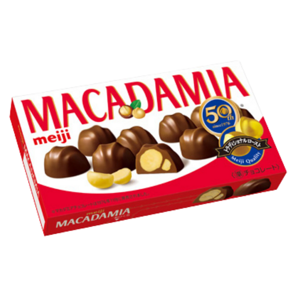 Meiji Macadamia Chocolate 64g box, front of pack showing the red MACADAMIA wordmark