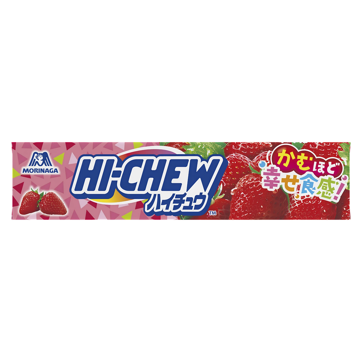 Morinaga Hi-Chew Strawberry 12-piece stick of Japanese soft candy, front of pack