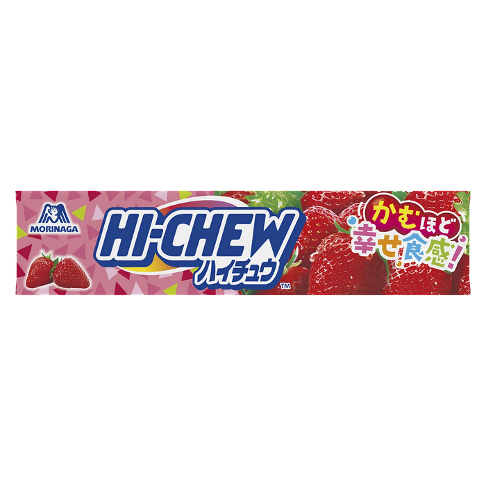 Morinaga Hi-Chew Strawberry 12-piece stick of Japanese soft candy, front of pack
