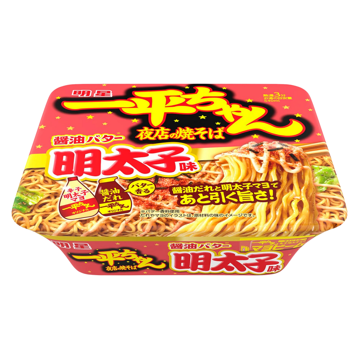 Myojo Ippei-chan Yomise no Yakisoba soy butter mentaiko, 127 g instant yakisoba tray, front of pack