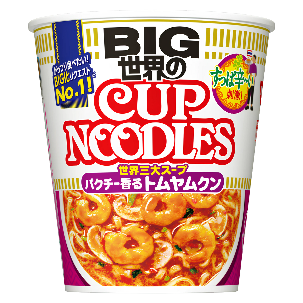 Nissin Cup Noodle Tom Yum Kung BIG, 100 g Japanese cup, front of pack