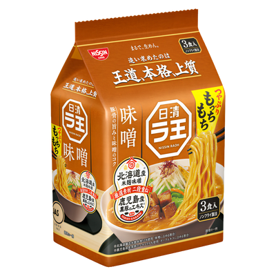 Nissin Raoh Miso 3-serving bag of Japanese non-fried ramen noodles, front of pack