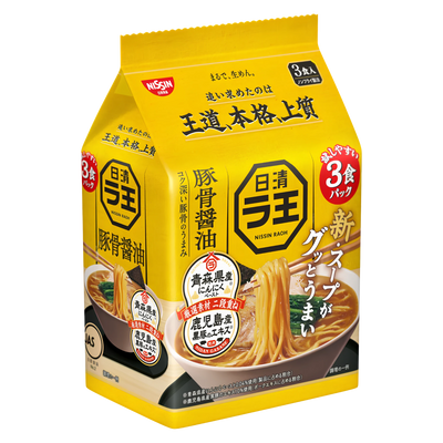 Nissin Raoh Tonkotsu Shoyu 3-serving bag of Japanese non-fried ramen noodles, front of pack