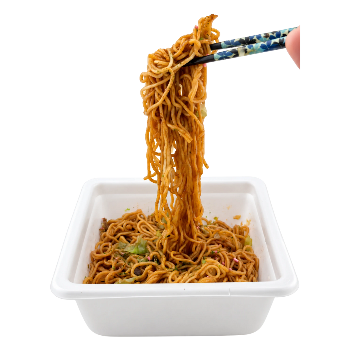 Noodles lifted with chopsticks from the Nissin UFO Yakisoba Large tray, showing the thickness and the sauce coating