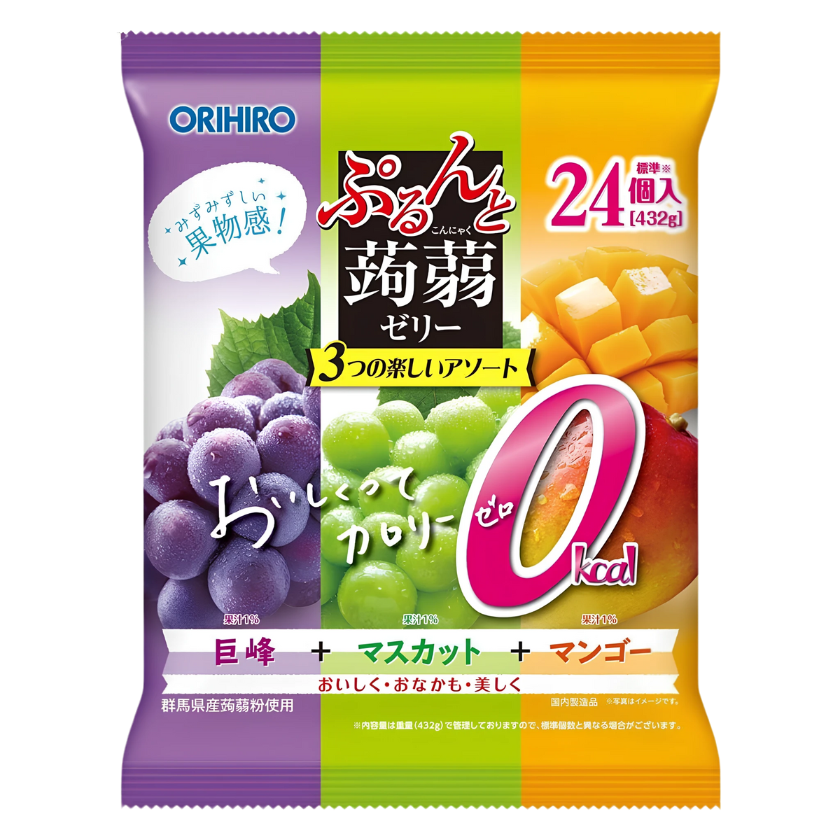 Orihiro Purun to Konnyaku Jelly 432g bag, front of pack — Kyoho grape, muscat and mango