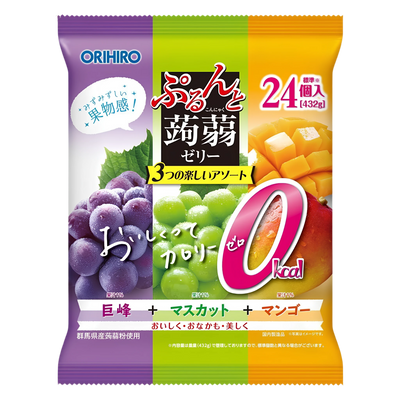 Orihiro Purun to Konnyaku Jelly 432g bag, front of pack — Kyoho grape, muscat and mango