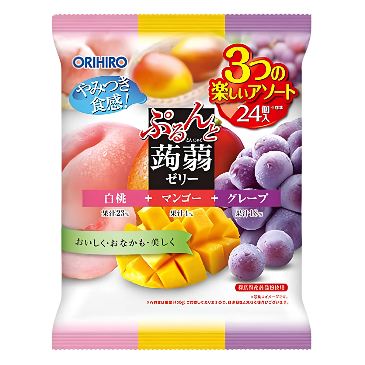 Orihiro Purun to Konnyaku Jelly 480g party bag, front of pack — white peach, mango and grape