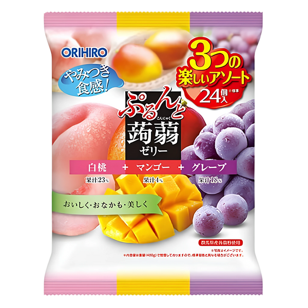 Orihiro Purun to Konnyaku Jelly 480g party bag, front of pack — white peach, mango and grape