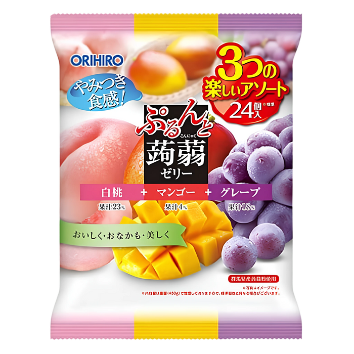 Orihiro Purun to Konnyaku Jelly 480g party bag, front of pack — white peach, mango and grape