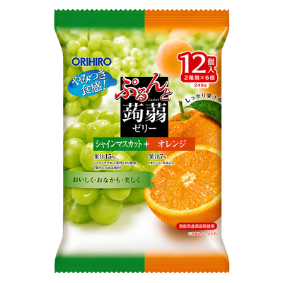 Orihiro konjac jelly pouches, shine muscat and orange, 240g bag of 12