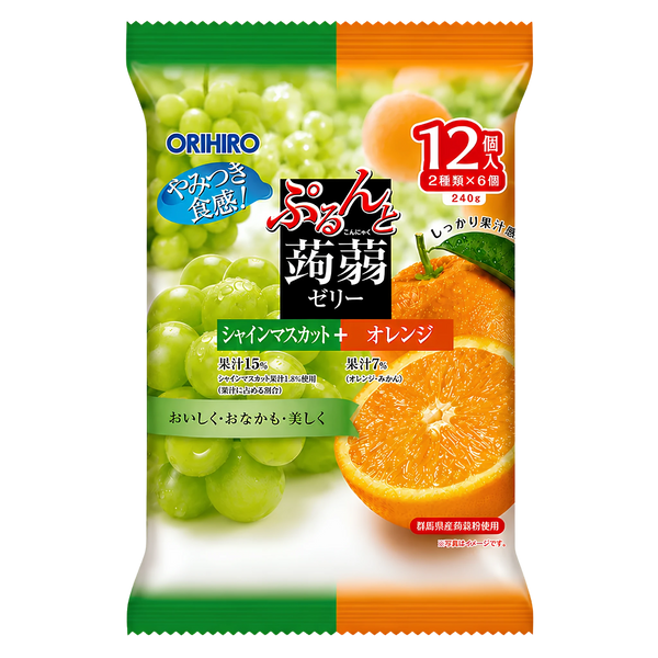 Orihiro konjac jelly pouches, shine muscat and orange, 240g bag of 12