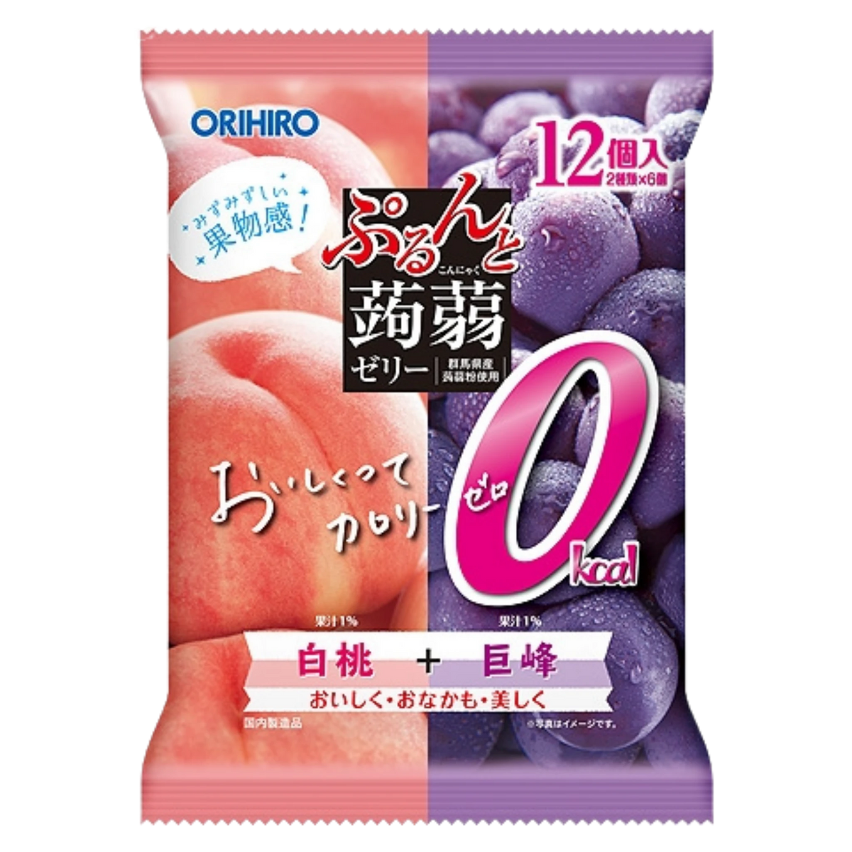 Orihiro low calorie konjac jelly pouches, white peach and Kyoho grape, 216g bag of 12