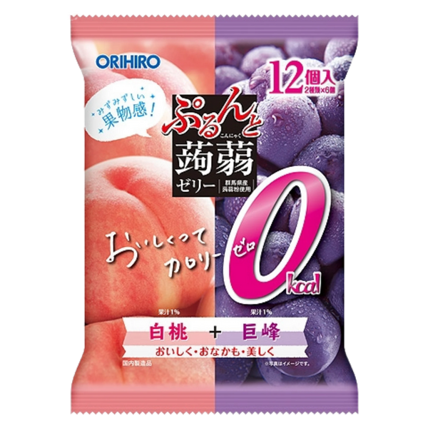 Orihiro low calorie konjac jelly pouches, white peach and Kyoho grape, 216g bag of 12