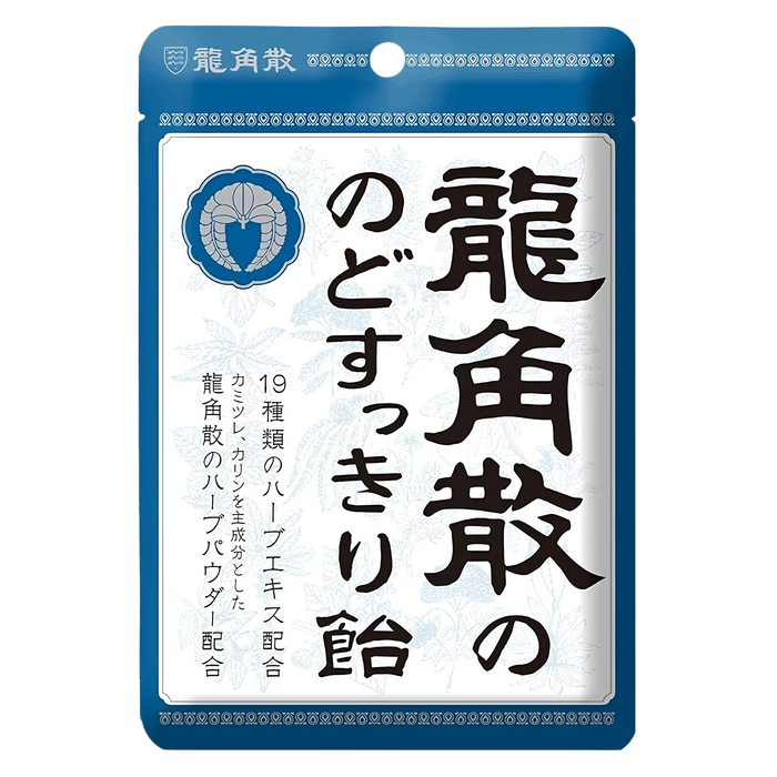 Ryukakusan Nodo Sukkiri herbal candy, 88g blue zip bag, front of pack