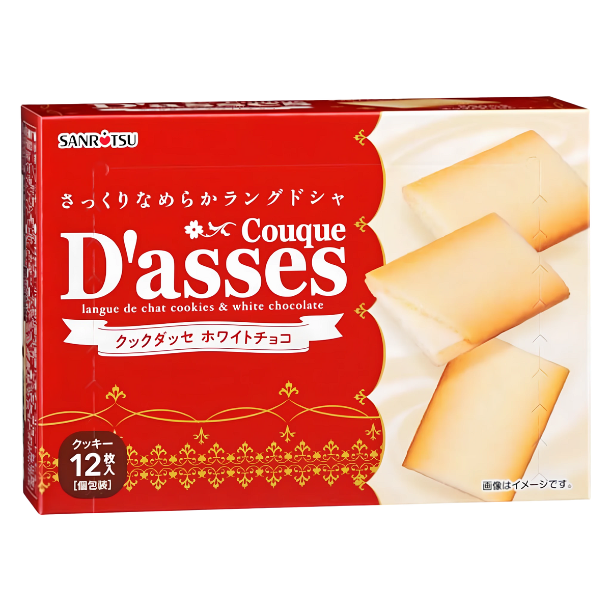 Sanritsu Couque D'asses White Chocolate, red box of 12 individually wrapped langue de chat biscuits
