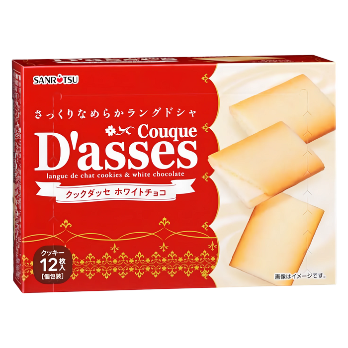 Sanritsu Couque D'asses White Chocolate, red box of 12 individually wrapped langue de chat biscuits
