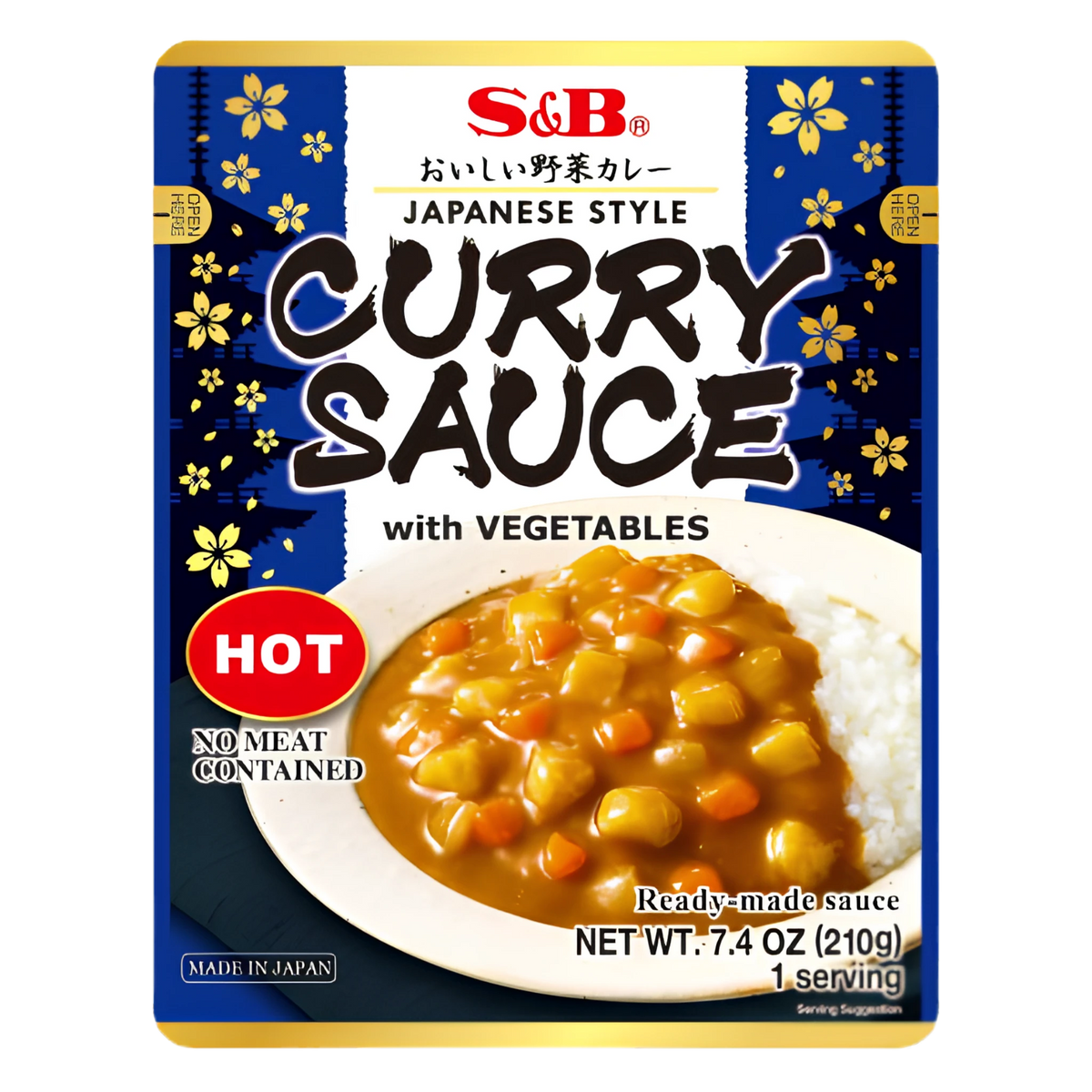 S&B Japanese Style Curry Sauce with Vegetables, Hot 210g pouch, front