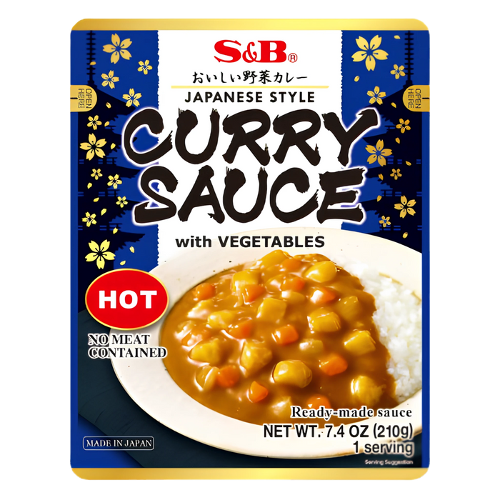 S&B Japanese Style Curry Sauce with Vegetables, Hot 210g pouch, front