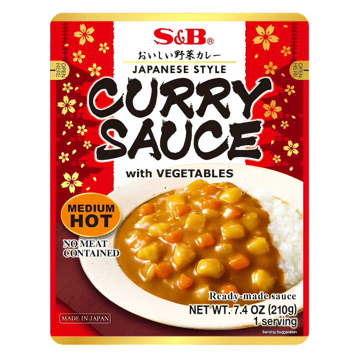S&B Japanese Style Curry Sauce with Vegetables, Medium Hot 210g pouch, front