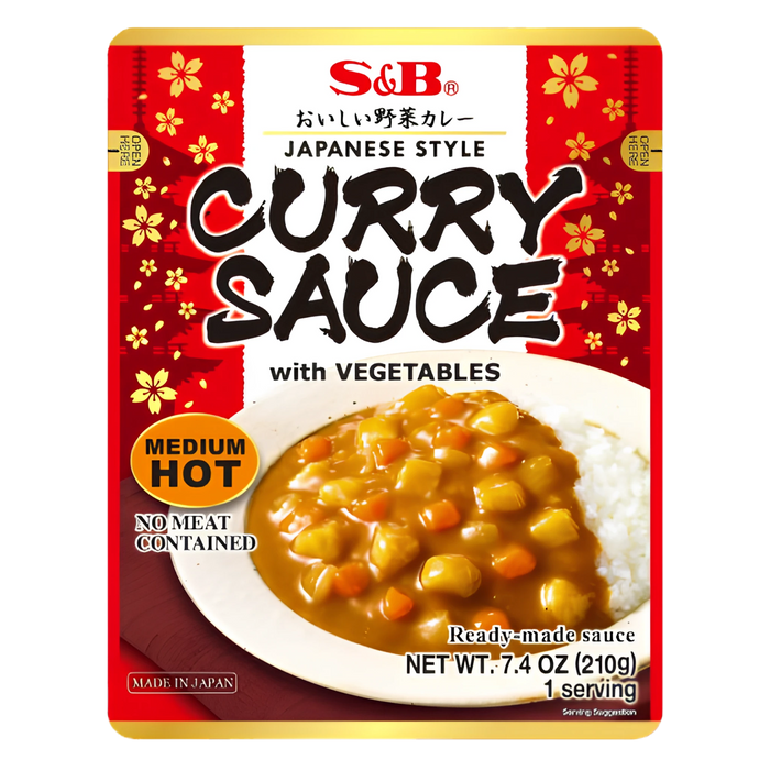 S&B Japanese Style Curry Sauce with Vegetables, Medium Hot 210g pouch, front